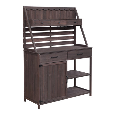 Brown Fir Wood Pot Bench With Ample Storage - Ideal For Garden Tool Organization
