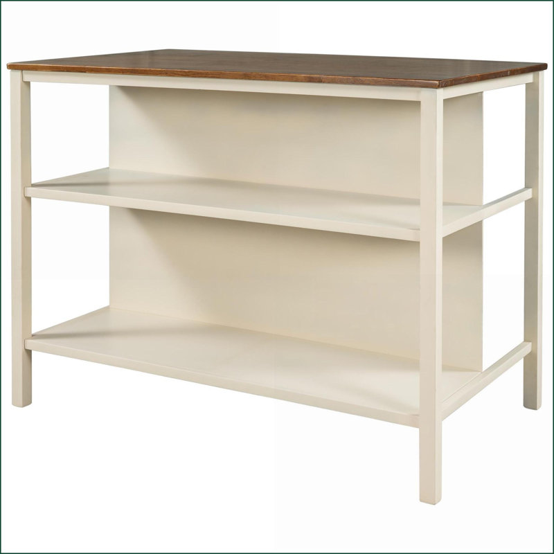 Îlot de cuisine, table de préparation en bois d'hévéa massif 45 po avec bloc de boucher et amp; 2 tablettes, brun noyer + crème | Rustique | Moyen (40 à 55 po)