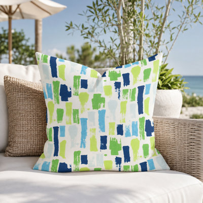 Housse de coussin d'extérieur bleu marine et vert à rayures abstraites