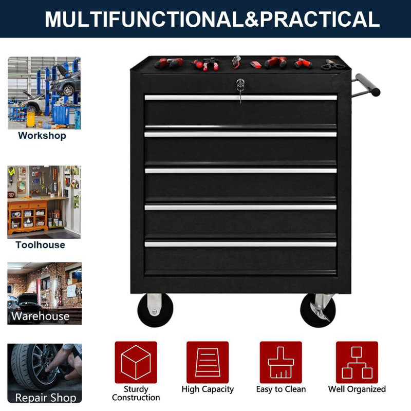5 Drawer Tool Chest With Wheels,Metal Locking Rolling Tool Box