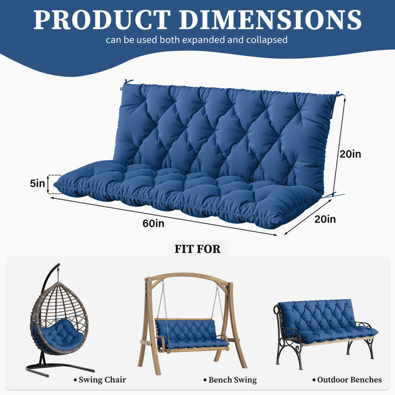 Coussin de banc d'extérieur Wynee, L 59,5 po x P 20 po, Bleu