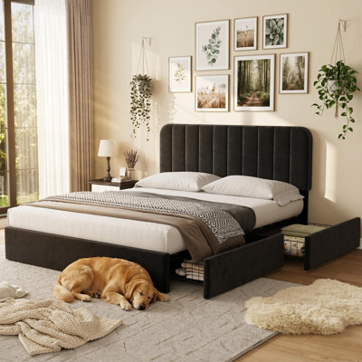 Queen Size Bed Frame with 4 Drawers, Upholstered Velvet Platform Bed with Height Adjustable Headboard, Wooden Slats Support, No Box Spring Needed, Easy Assembly, Black