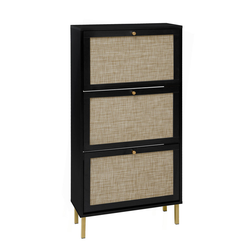 Étagère à chaussures en rotin 3 portes, armoire de rangement pour chaussures moderne autoportante, pour vestibule, Noir