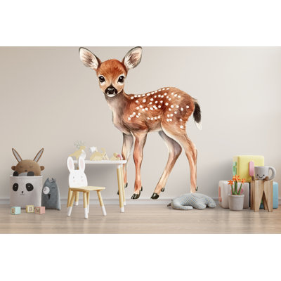 Standing Fawn Nursery Wall Decal – Woodland Deer Kids Room Wall Art, Gender Neutral Baby Decor 037Mv