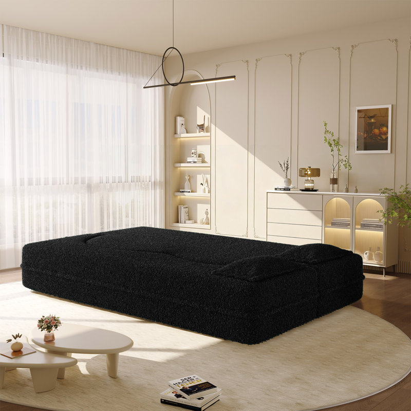 Evren Boneless Modern Minimalist Compression Convertible Floor Sofa Bed with Pillows, 30" H x 78" W x 45" D, Teddy Black