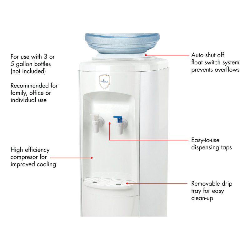 vitapur White Free Standing Top Loading Electric Water Cooler Water Dispenser with Hot and Cold Hot, Cold, and Room Cold and Room Temperature Options