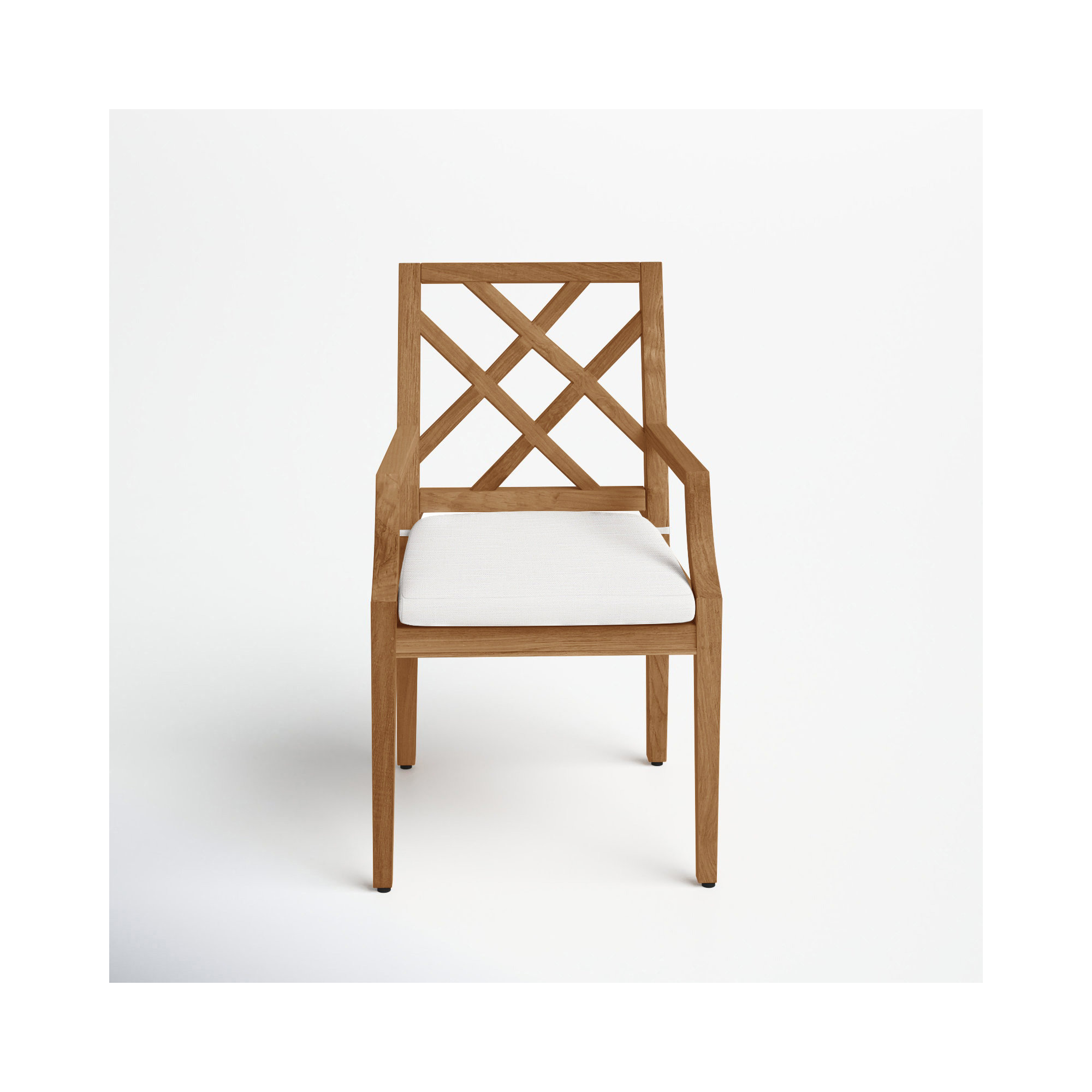Haley Teak Outdoor Arm Chair Latticework Back, Natural Teak, Rollo Lace InsideOut® Linen, No Welt