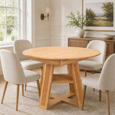Extendable Round-to-Oval Dining Table for 4-6, with Removable Leaf and Storage Shelf, Cross-Shaped Base