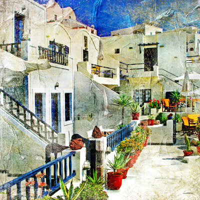 "Santorini I", art mural en verre trempé, 12 po x 12 po