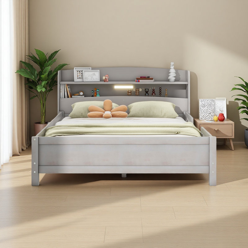 Lit plateforme en bois avec éclairage à DEL intégré, tête de lit avec rangement et garde-corps, Gris antique, Lit double