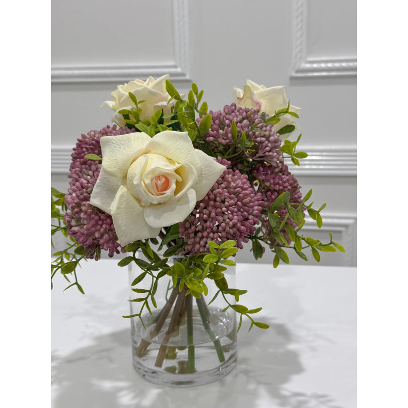 Real Touch Rose Arrangement: Lavender, Pink Berries in Glass Vase