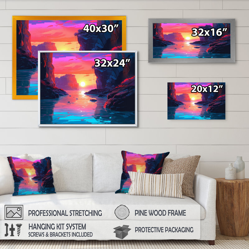 «Sunset's Embrace At The Beach II», reproduction sur toile, Cadre photo noir, H 30 po x l 40 po x P 1,5 po