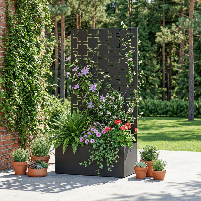 Boîte à fleurs d'extérieur en métal avec treillis sans roues, Noir, noir, noir, noir