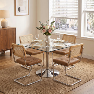 Ensemble de table de salle à manger 39 po en verre trempé pour 4 personnes avec chaises à dossier canne chromé