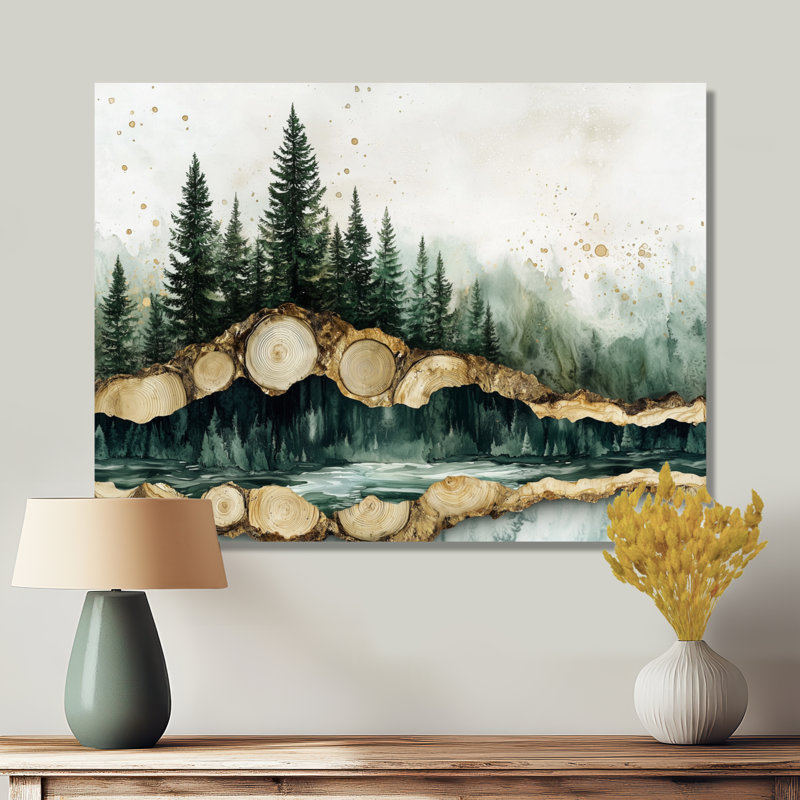 Pin émeraude sur glissade d'arbre en bois I - impression métallique forêt, H 12 po x l 20 po