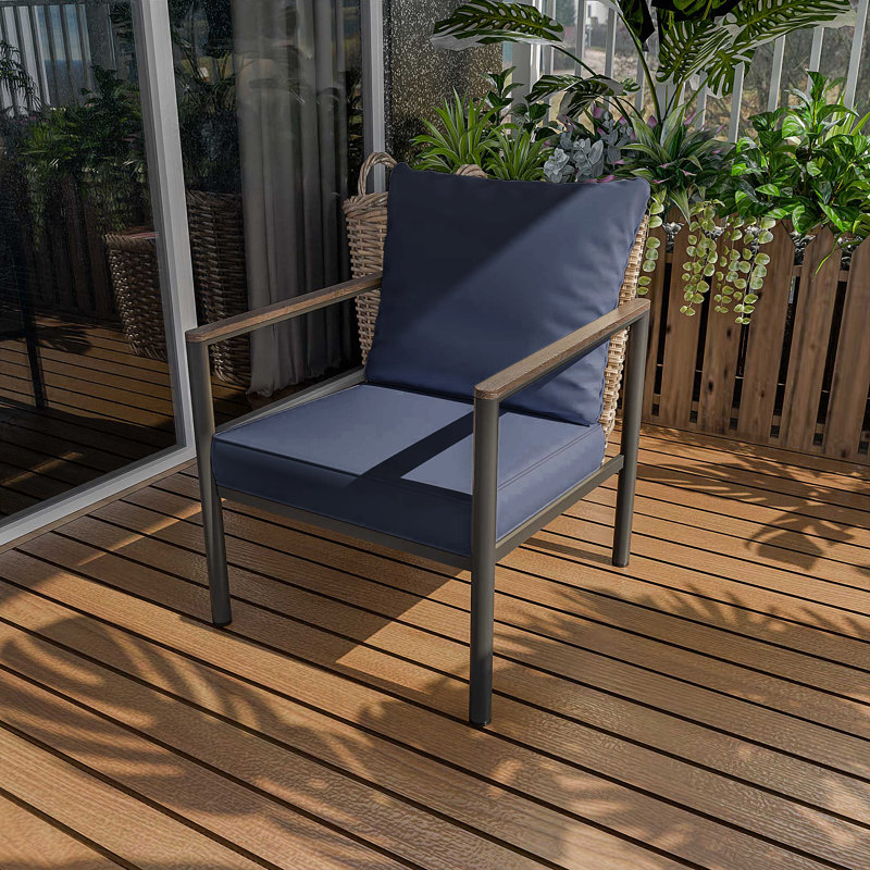 Outdoor Wicker Chair With Metal Frame, Cushions, Blue