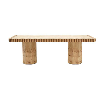 Modern Simple Log Tone Rectangular Solid White Oak Dining Table with Travertine Tabletop