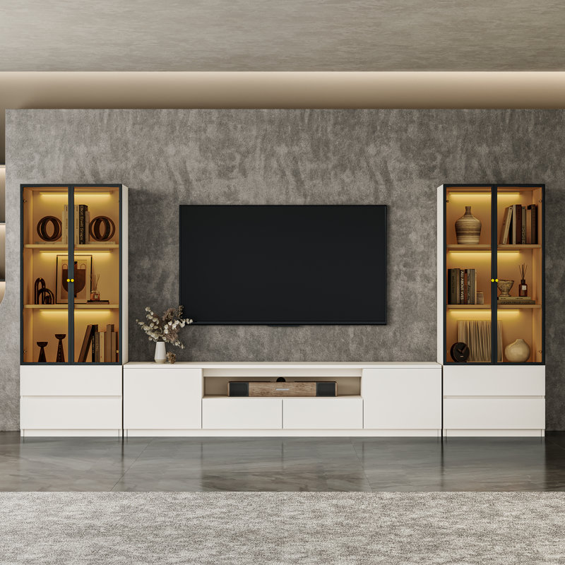 Crafton Modern 125.9'' White Entertainment Center With 3-Tier Bookshelf For 55/65/70/75 inch TV, Wooden Media Console With Storage TV Stand And Lights Glass Door bookshelves For Living Room Bedroom