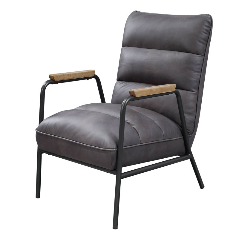 Fauteuil d'appoint, cuir fleur gris et finition fer mat
