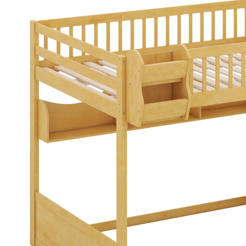 Grand lit mezzanine en bois avec escalier et garde-robe, tablettes de rangement et espace sous le lit, Naturel