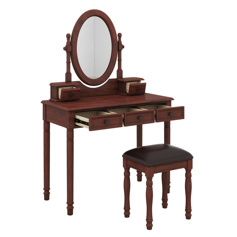 Ensemble de coiffeuse avec miroir à angle réglable, ensemble de coiffeuse et tabouret rembourré avec doublure en velours 5 tiroirs