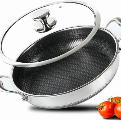 Grande poêle à frire hybride antiadhésive de 33 cm (13 pouces) en acier inoxydable 304L avec couvercle