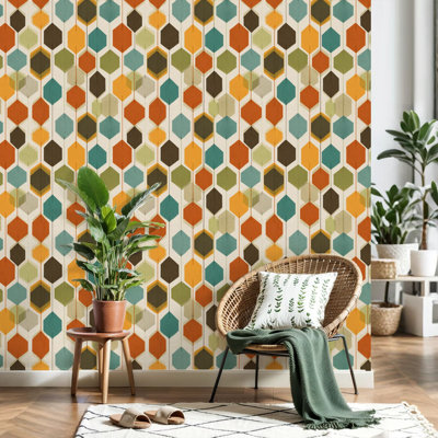 Papier peint adhésif à motif géométrique de style Mid-Century à motif géométrique moderne sans soudure, adhésif chaud et amovible, adhésif mural amovible pour armoires de cuisine de chambre à coucher