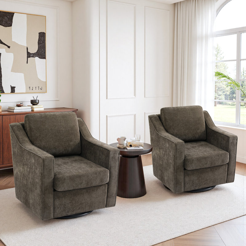 Bronnen Big And Wide Upholstered Cushion Swivel Armchair with Removable Back and Seat Cushion, Light Coffee Chenille