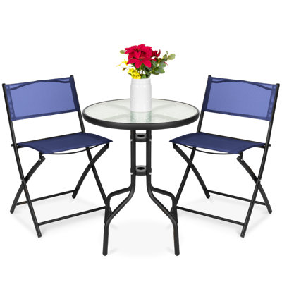  3-Piece Patio Bistro Dining Furniture Set W/ Glass Tabletop, Folding Chairs