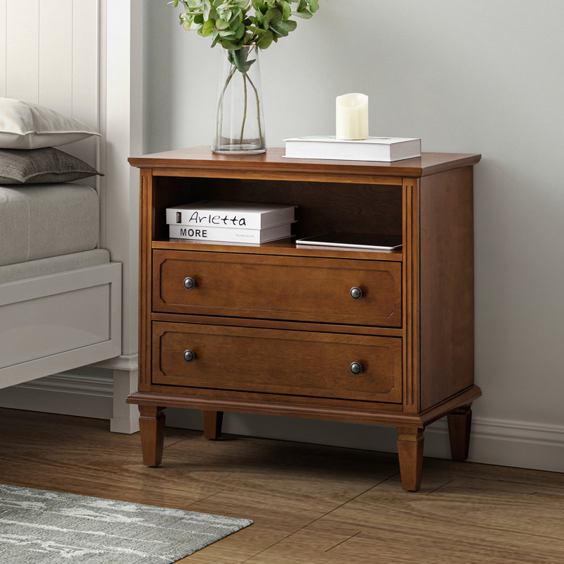 Amberlyn 27.2'' H Traditional2-Drawer Nightstand with Built-In Outlets and Solid Wood Legs and Open Shelve