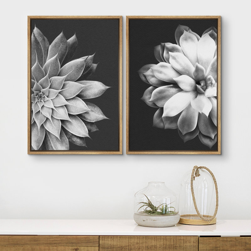 «Succulent» noir et blanc - art floral neutre sur toile, reproduction d'art sur toile encadrée 2 pièces, Naturel