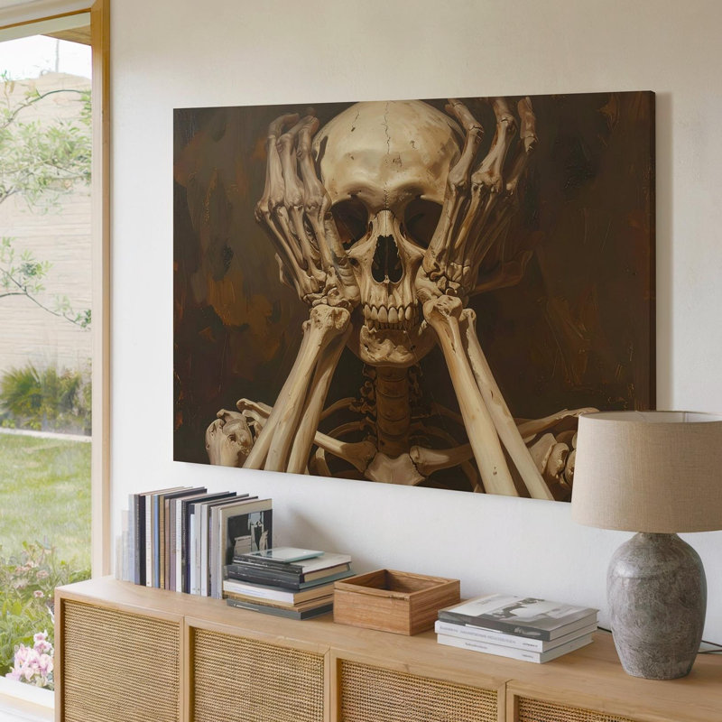 Toile d'os ocre squelette existant dans le désespoir théâtral, art mural sur toile prêt à accrocher, H 30 po x l 40 po