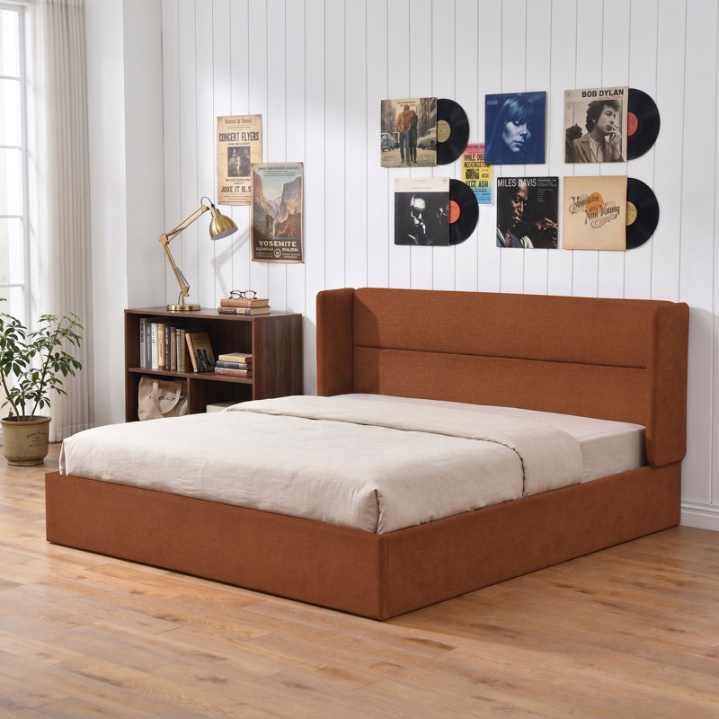 Lit plateforme tapissier avec rangement Gaillarde, Très grand, Caramel