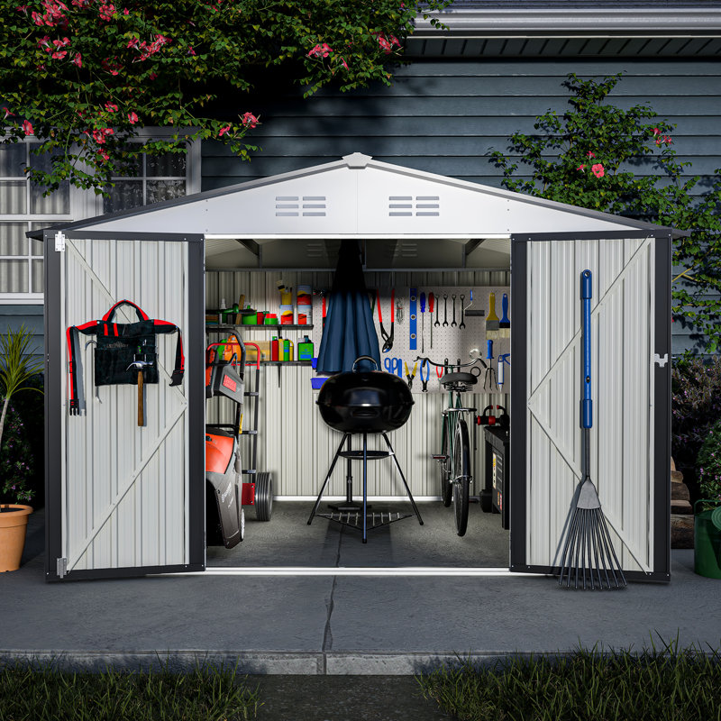 10X8 Ft Metal Shed For Garden Storage - Galvanized Steel, Lockable Doors, Grey Patio, Backyard Outdoor Bikes Garden, Lawn