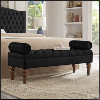 Velvet Long bed Bench for Bedroom,Upholstered Window Bench with Tufted Button,Entryway Bench,Bolster Bench for Living Room-Black