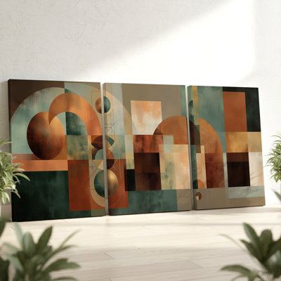 3 Pieces Geometric Abstract Large Wall Art in Earth Tones with Overlapping Shapes, Three Pieces Wall Art for Living Room, Bedroom, and Office Decor