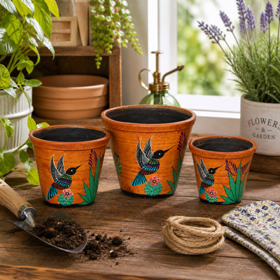 Southwest Planter Set With Hand Painted Hummingbird Art "small Set"