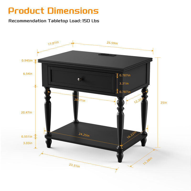 Solid Wood Nightstand Set Of 2 With Drawer, Open Shelf, 2 Power Outlets, 1 Usb Port, And 1 Type-c Port, Black