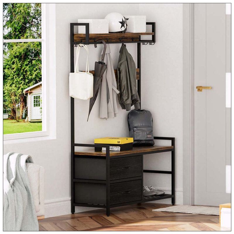 33.1" Wide Hall Tree with 23 Hooks and Movable Drawers