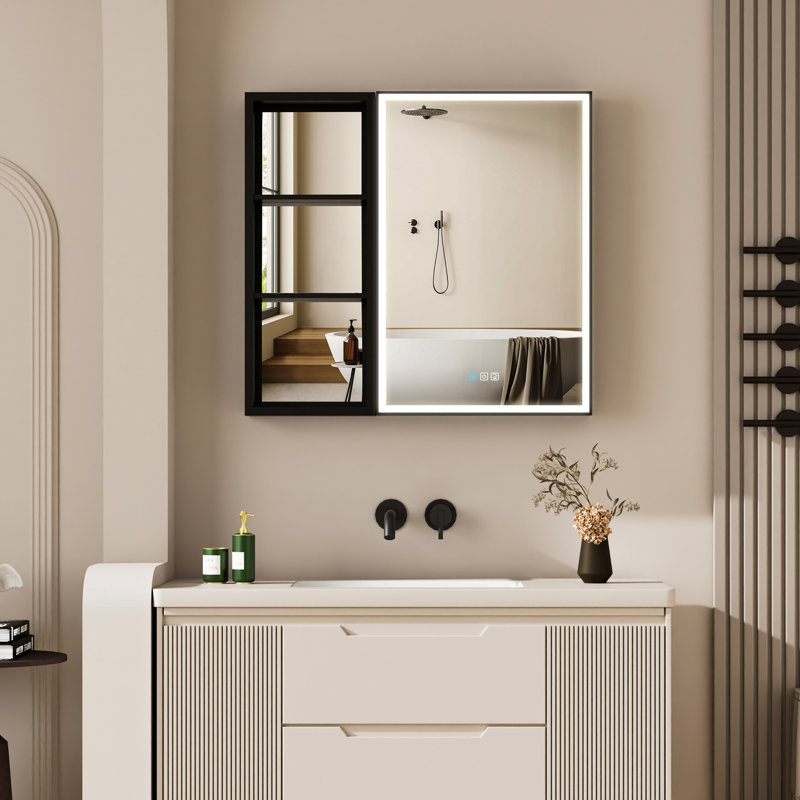 30 po Narender H Armoire à miroir murale encastrée ou en surface H avec armoire latérale noire, H 30 po x l 32 po x P 4,63 po