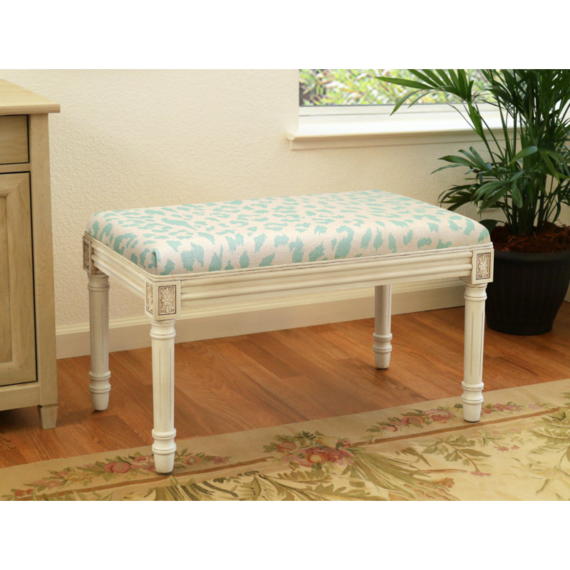 Banc en bois massif Cambel, Blanc antique / imprimé guépard turquoise