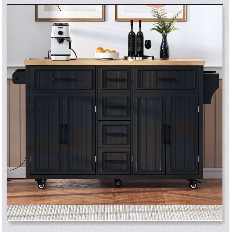 56.5'' Kitchen Island with Drop Leaf, Power Outlet, and Ample Storage on Wheels, Perfect for Modern and Farmhouse Kitchens