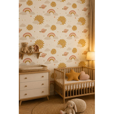 Celestial Wallpaper Cute Sun Faces Removable Rainbow Wall Double Roll