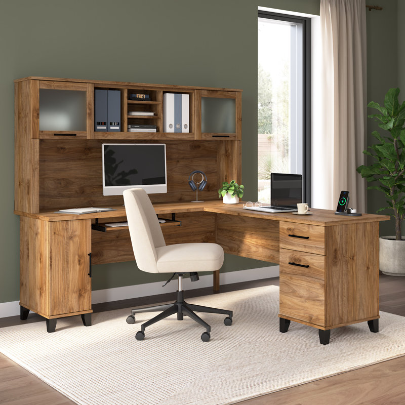 Paelynn 72” L-Shaped Desk with Hutch and Storage, Corner Computer Office Desk, Modern Wood, Fresh Walnut, Fresh Walnut