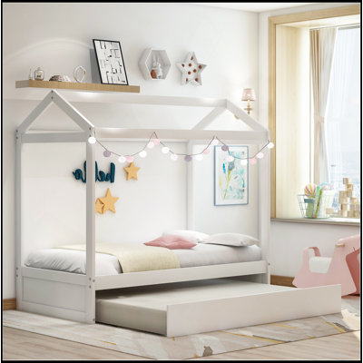 Lit maison avec lit gigogne, peut être décoré, blanc