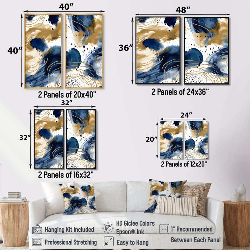 Motif abstrait avec des textures bleues et dorées II - Collages abstraits, art mural pour le salon, 32" H x 32" W, Black