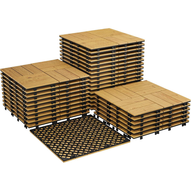 Carreaux de terrasse à emboîtement 12 x 12 po, bois d'acacia, résistant aux intempéries, piscine de patio, jaune, 33 pièces