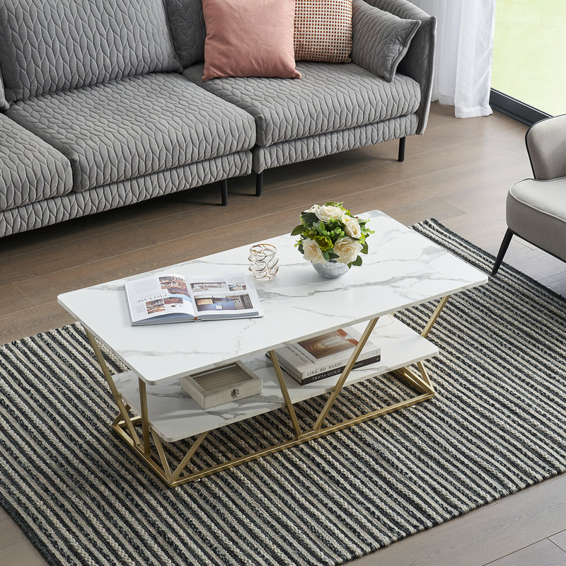 Table basse rectangulaire à 2 niveaux, gris, Blanc, Or