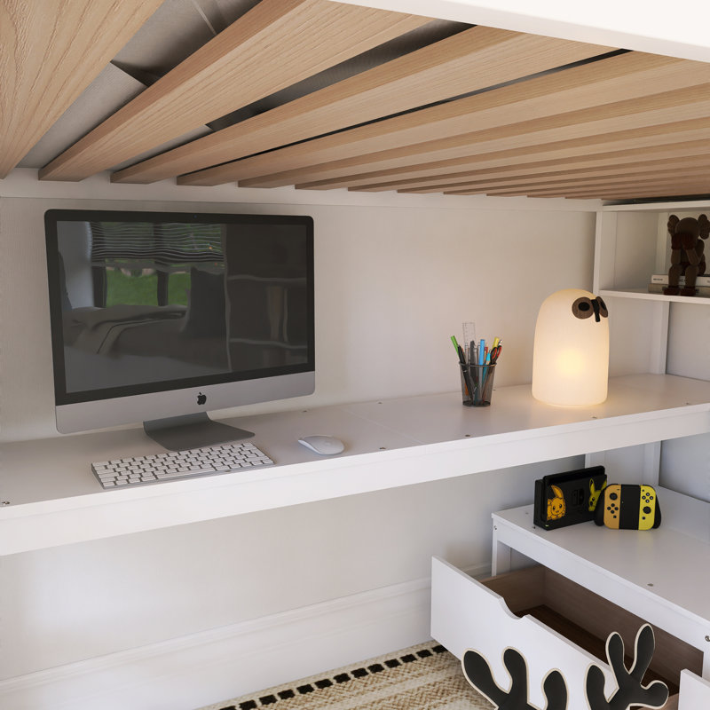 Full Size Wood Frame Loft Bed With Storage Staircase, White