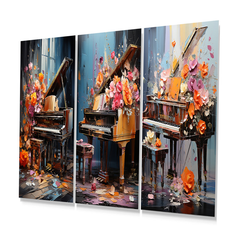 Floral Piano Magic Melody I - Music Piano Metal Wall Art Prints Set Of 3, 32" H x 48" W